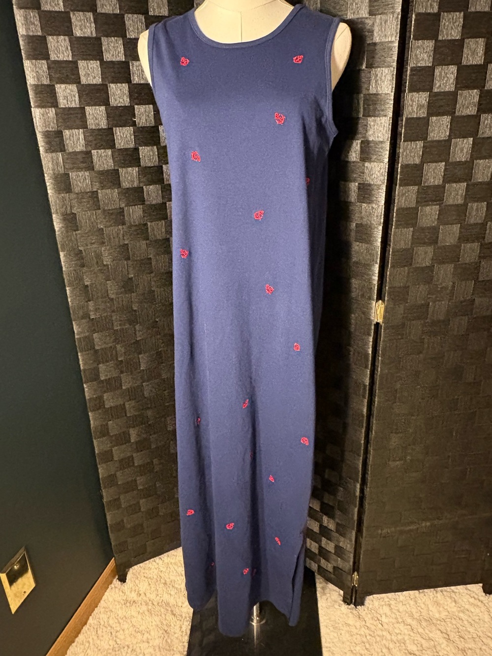 Quacker Factory Embroidered Red Anchors Nautical Navy Cotton Maxi Dress